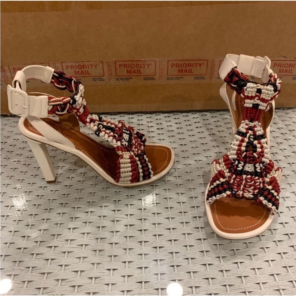 Chloe white cream red tan beige black woven sandal heel size 38.